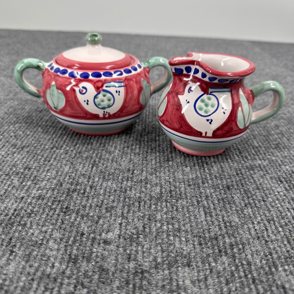 Vietri Solimene Campagna Creamer Sugar w/lid Set Bird Chicken Red Green Italy